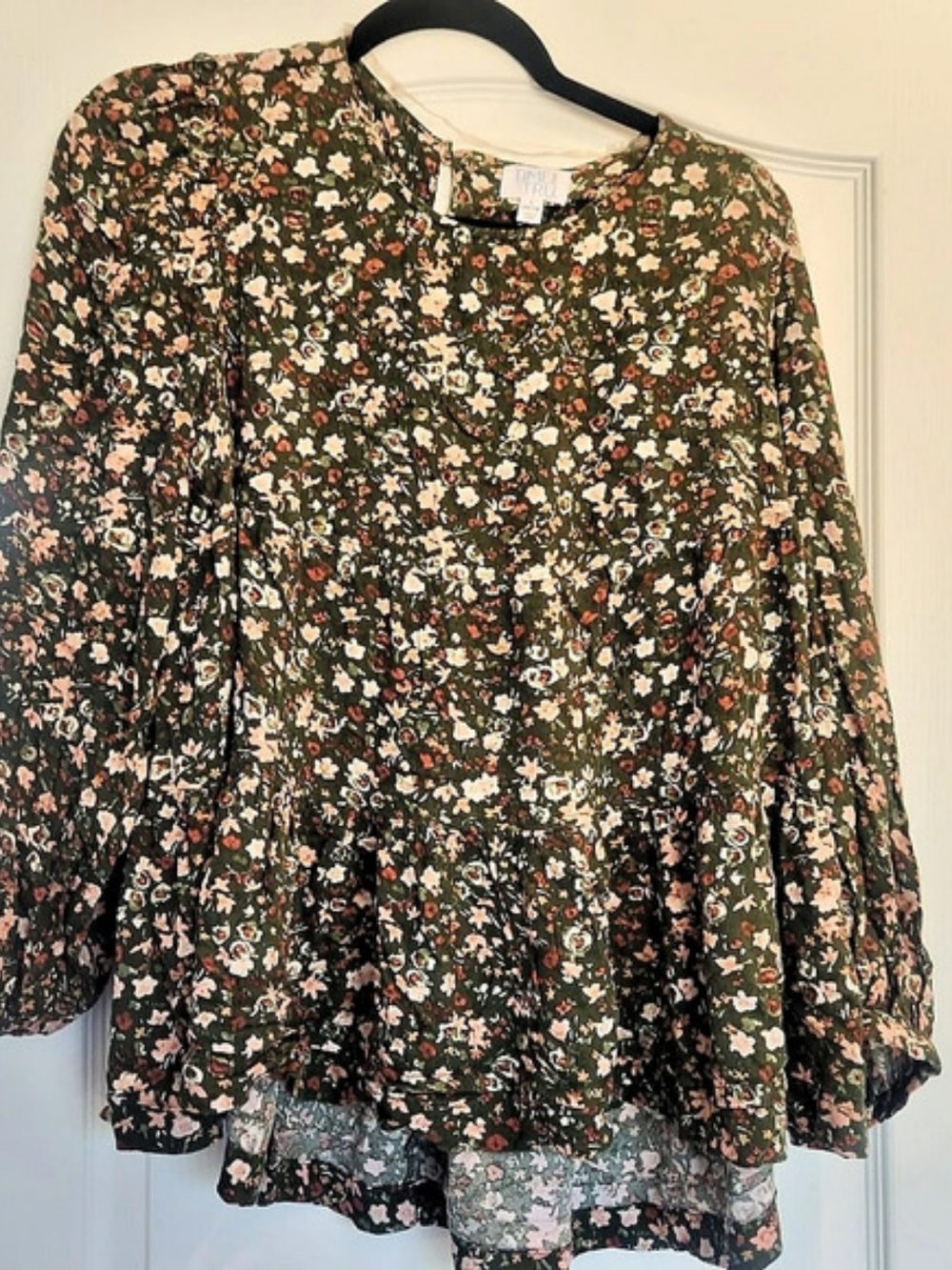 Time and Tru Floral Long Sleeve Blouse Green & Pink Size Large EUC